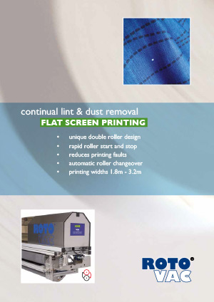 Advertisement for roto vac flat screen printing system, highlighting features like unique double roller design and automatic roller changeover. image includes a close-up of a screen and the printer itself.