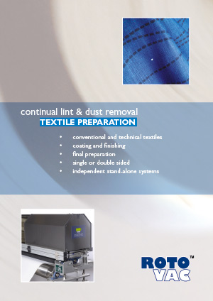 Promotional poster for roto vac textile preparation equipment, featuring a magnified fabric detail, list of services like dust removal, and an image of the machinery.