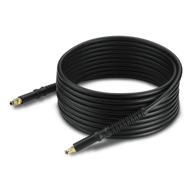 A coiled black High Pressure Extension Hose - 9m with metallic connectors on both ends, isolated on a white background.