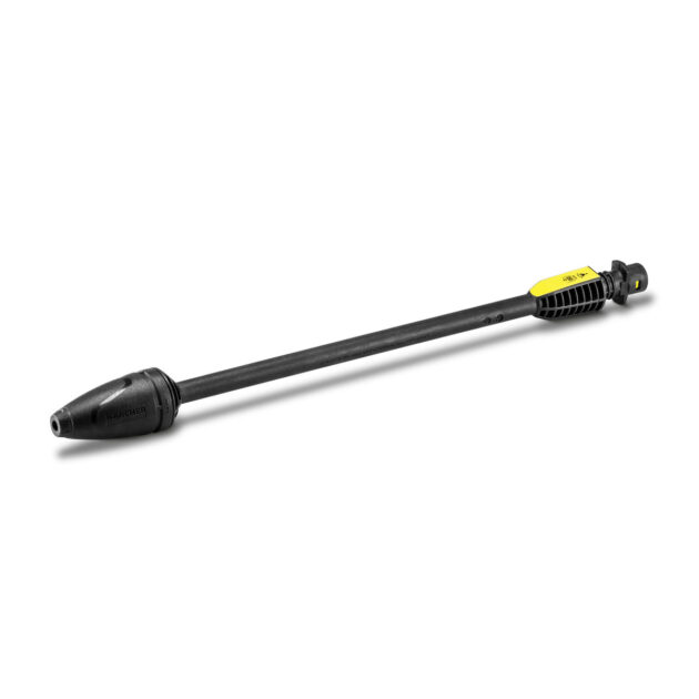 A black and yellow Full Control Dirt Blaster For K2 - K3 pressure washer wand isolated on a white background. the wand features an ergonomic handle and a nozzle tip at the end.