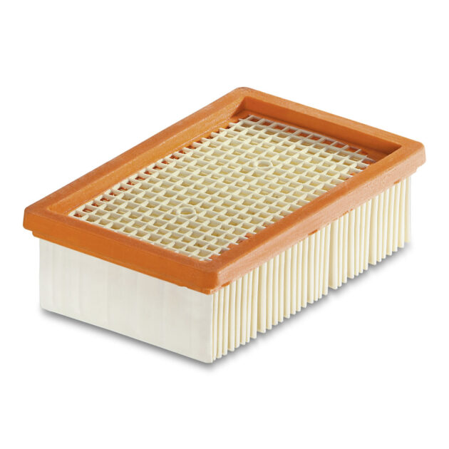 A new Flat Pleated Filter (KFI 4410) with a white pleated filter medium and a brown plastic frame, displayed on a white background.