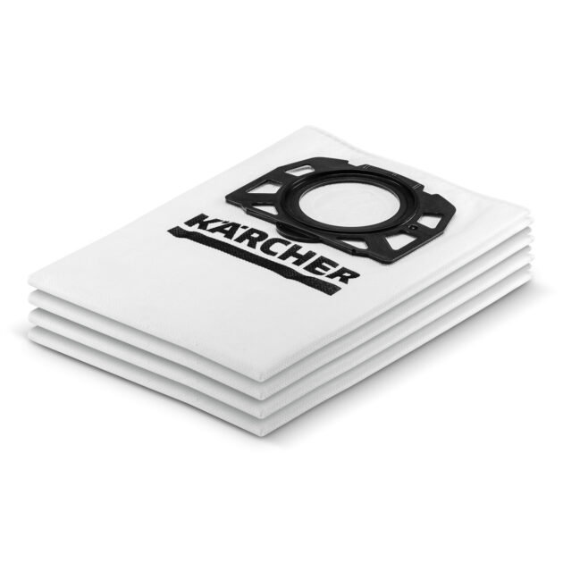 A stack of five white Fleece Filter Bags - 4 Pack (KFI 487) with a black logo, neatly folded on a white background.