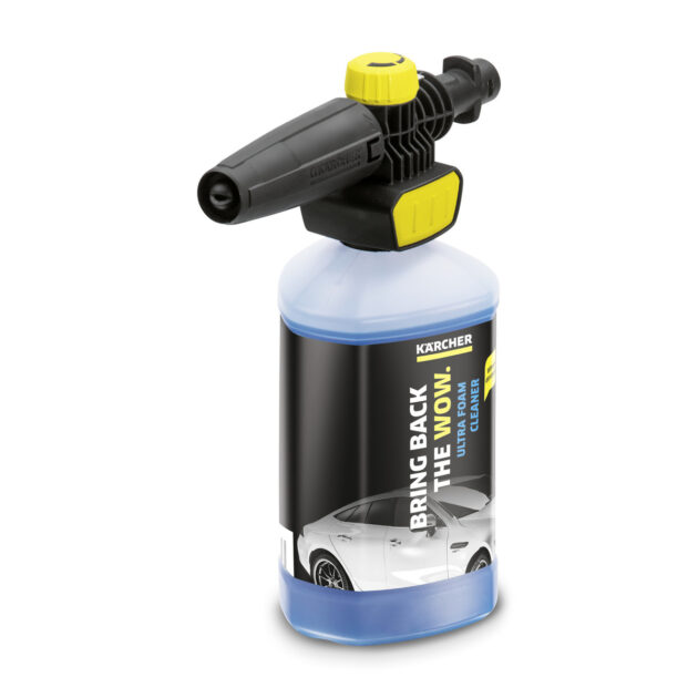 A Kärcher Foam Nozzle Connect 'N' Clean - 1 litre attachment with a black and blue detergent bottle, labeled for vehicle cleaning, on a white background.