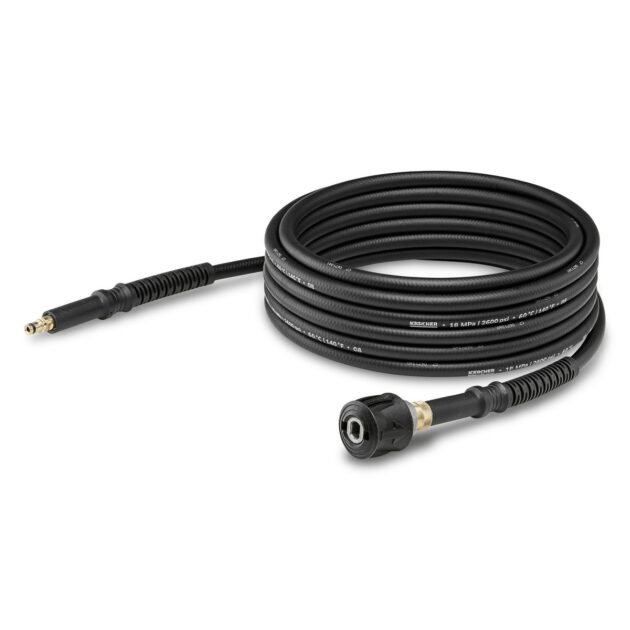 A coiled black high pressure extension hose with a male connector on one end and a female connector on the other end, displayed on a white background.
