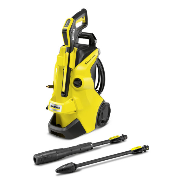 A yellow and black High Pressure Washer K4 Power Control with attached hose and handle, displayed alongside three different nozzle attachments, isolated on a white background.