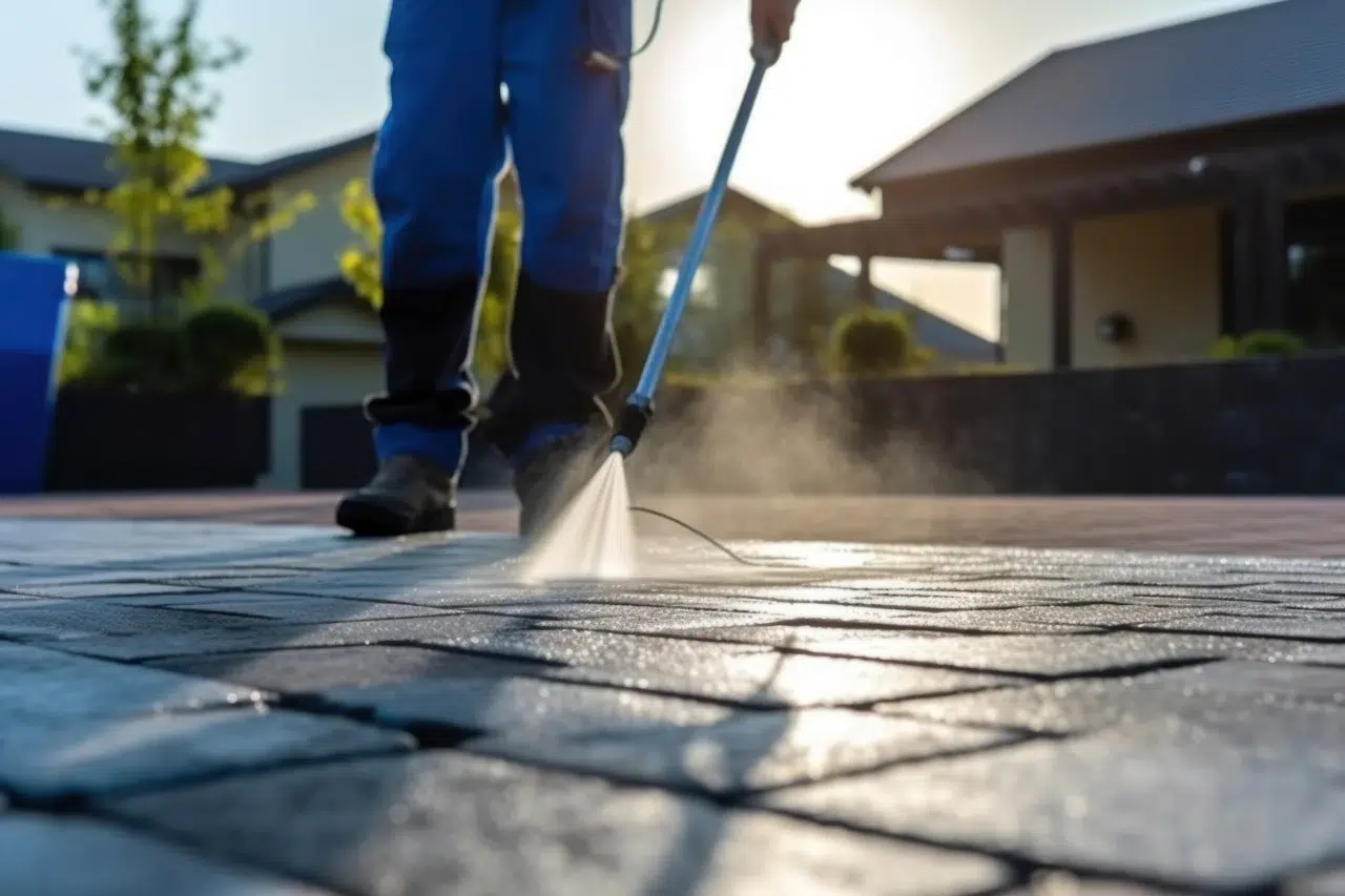 A worker, partially visible, is pressure washing a sunlit dark brick pavement, causing a mist of water to rise near the nozzle.