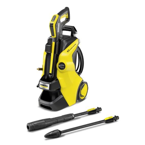 A yellow and black High Pressure Washer K5 Power Control with various attachments displayed, including nozzles and a spray gun, arranged on a white background.