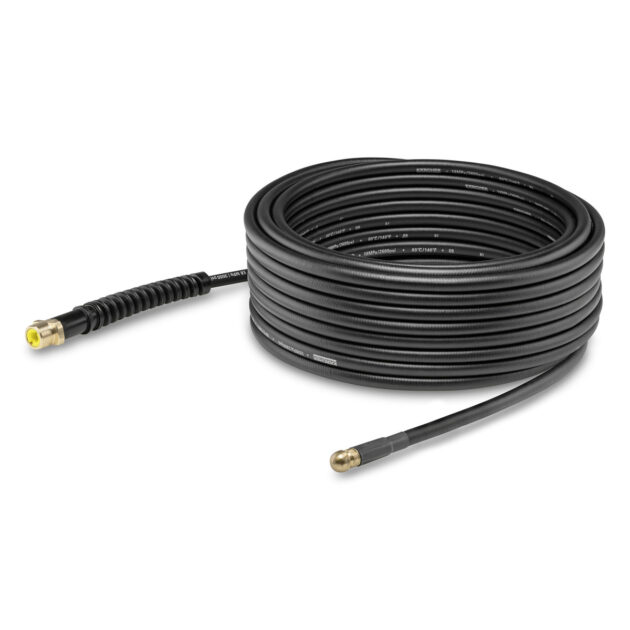 A long, coiled black Pipe Cleaning Set - 15m with metallic connectors on both ends, isolated on a white background.