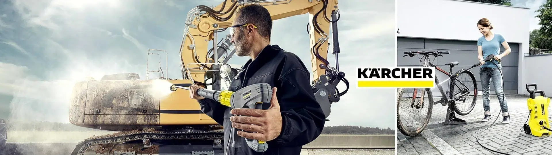 A male worker uses a high-pressure washer on a dirty excavator and a female cleans a bicycle, both using kärcher equipment. the setting is outdoors and the equipment efficiently removes dirt.