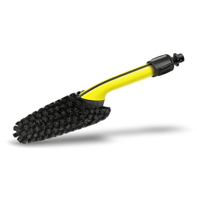 A black and yellow Wheel Washing Brush with a long handle, positioned diagonally on a plain white background.
