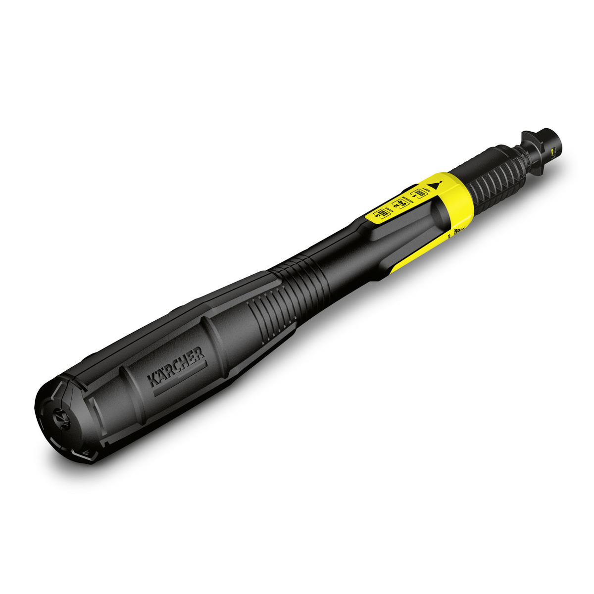 A black tactical pen with a yellow grip band, labeled "MJ145 Multijet Lance," featuring a glass breaker tip, clip, and textured grip, isolated on a white background.