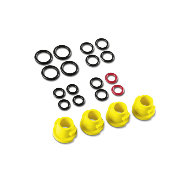 An assortment of Replacement O-Ring Sets in black, red, and yellow, arranged neatly on a white background.