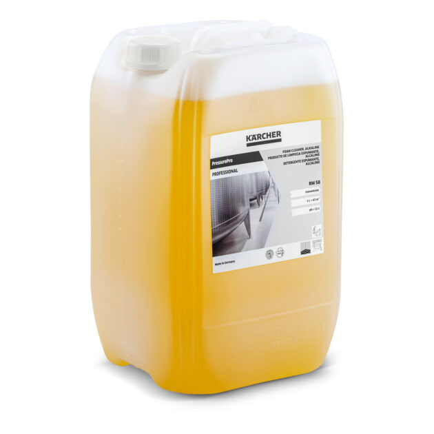 Large, translucent yellow container labeled "VehiclePro Foam Cleaner RM 838 20 Litres (Copy)." The container has a sturdy handle and is filled with an alkaline cleaner for professional use. The label also features various usage instructions and barcode.