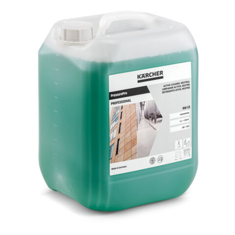 A 10-liter green plastic container labeled "PressurePro Machine Protector Advance 2 RM 111 1 Litre (Copy)." The label features images of a man using a pressure washer on different surfaces. The container has a handle and a screw-on cap. Text indicates it is an active cleaner neutral concentrate.