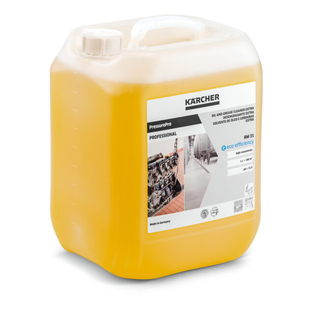 A 10-liter yellow container of PressurePro Oil And Grease Cleaner Extra RM 31 Eco!efficiency 10 Litres. The container has a white screw cap and a label showing images of industrial settings. The label indicates it is eco-friendly and made for oil and grease removal.
