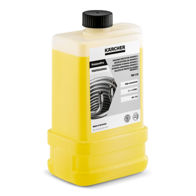 A yellow PressurePro Machine Protector Advance 2 RM 111 1 Litre bottle with a black cap. The bottle label features text in multiple languages and an image of machinery. The bottom part of the label indicates that the contents are for use at a dilution ratio of 1:10.