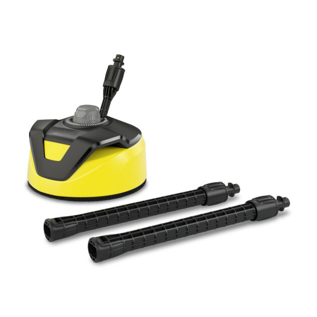 A yellow and black T5 T-Racer Surface Cleaner head with two detachable extension wands on a white background.