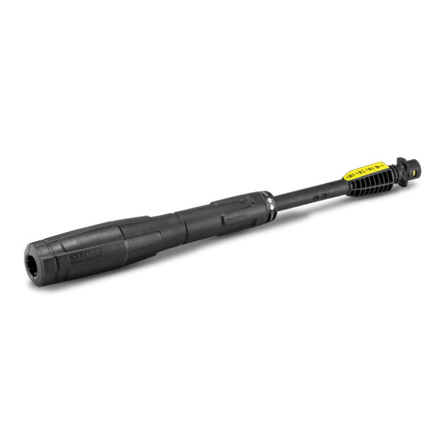 A black and yellow Full Control Vario Power Jet For K4 - K5, VP145 pressure washer lance on a white background, featuring adjustable settings and a nozzle at the end.