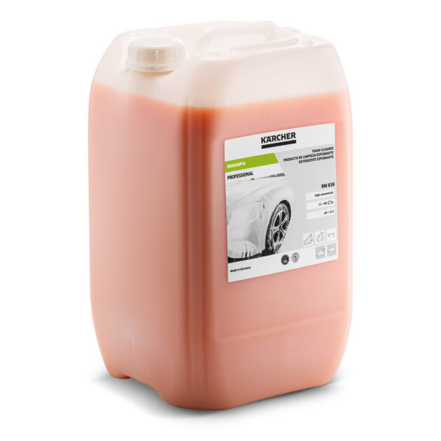 A large, semi-transparent jug filled with an orange liquid. The jug has a white cap and a label with text and images on the front. "PressurePro Active Cleaner Neutral RM55 10 Litres (Copy)," and "Professional" are prominently displayed on the label, which also shows a picture of a car being cleaned.