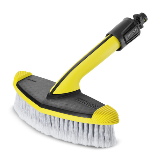A Soft Surface Wash Brush, WB60 with a yellow and black handle and soft white bristles, designed for gentle cleaning, isolated on a white background.