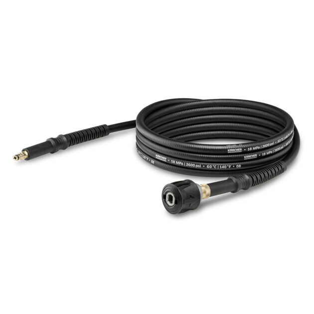 A coiled black XH 6 Q Extension Hose - Quick Connect with one male mini-jack connector and one female mini-jack connector, isolated on a white background.