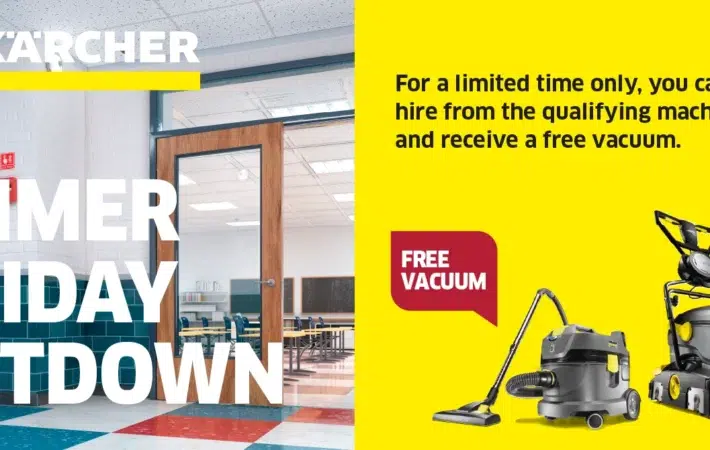 Bright advertisement featuring Kärcher's "Summer Holiday Shutdown" promotion. The left side shows the title in large text over a school hallway with lockers and a partially open classroom door. The right side promotes a free vacuum offer with images of various Kärcher cleaning machines.