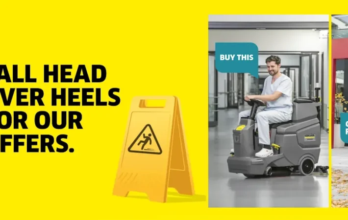 A promotional image with a bright yellow background features the text "FALL HEAD OVER HEELS FOR OUR OFFERS" next to a caution sign. On the right, there are two images of people using cleaning machines: one riding a floor cleaner and another pushing a sweeper.